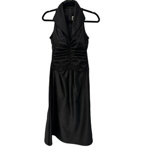 Vintage Tadashi 1990s Black Satin Ruched Tuxedo Collared Style Midi Dress Size 4